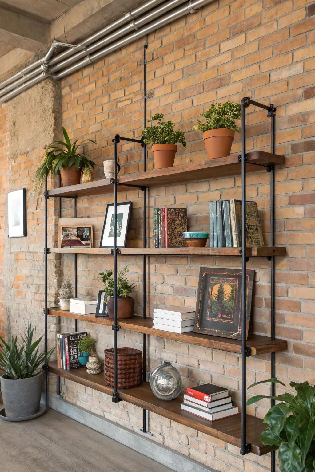 Industrial shelving complements the rustic charm of the brick wall while providing ample storage space.