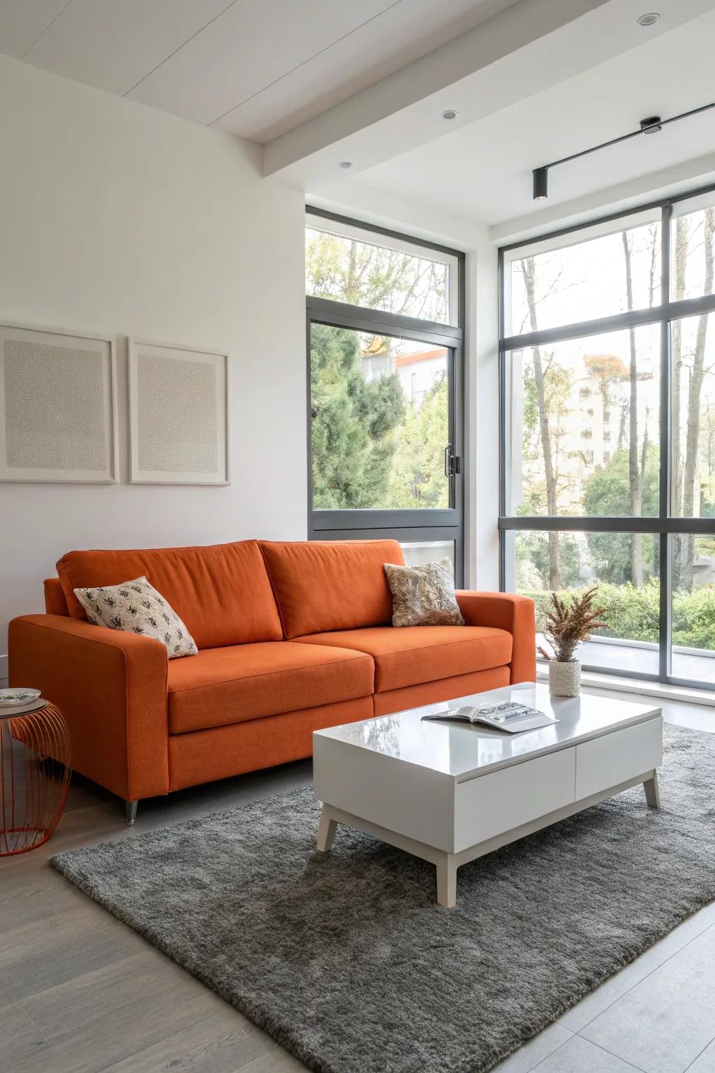 An orange sofa adds a burst of energy and excitement.