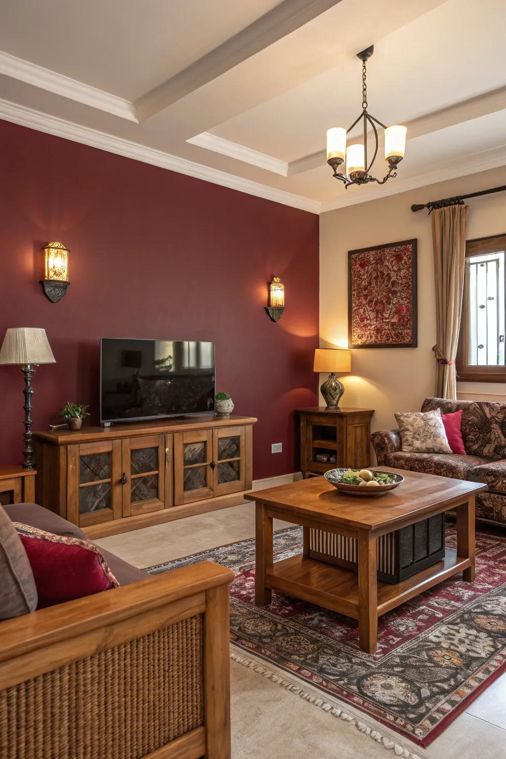 A burgundy accent wall adds depth and a touch of drama to any living space.