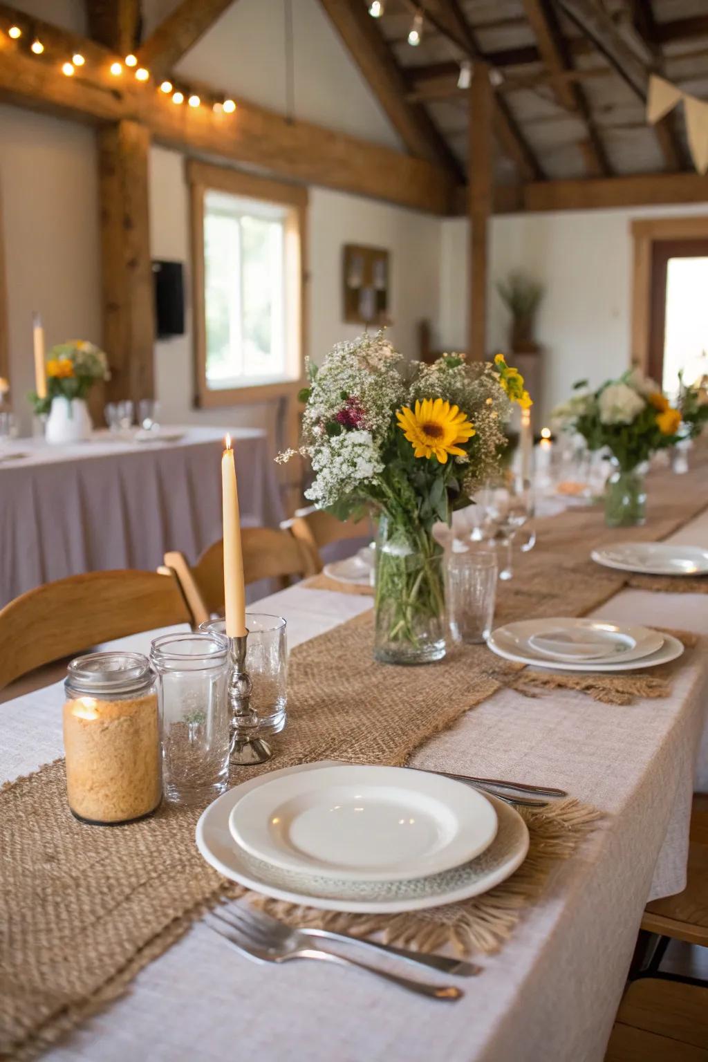 A brunch table featuring a burlap table runner and rustic table settings.