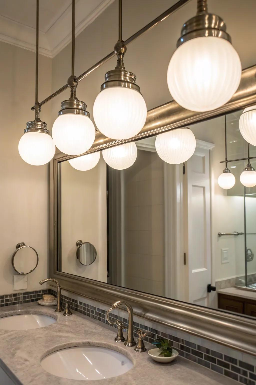 Spherical brushed nickel lights adding modern glamour above a bathroom mirror.