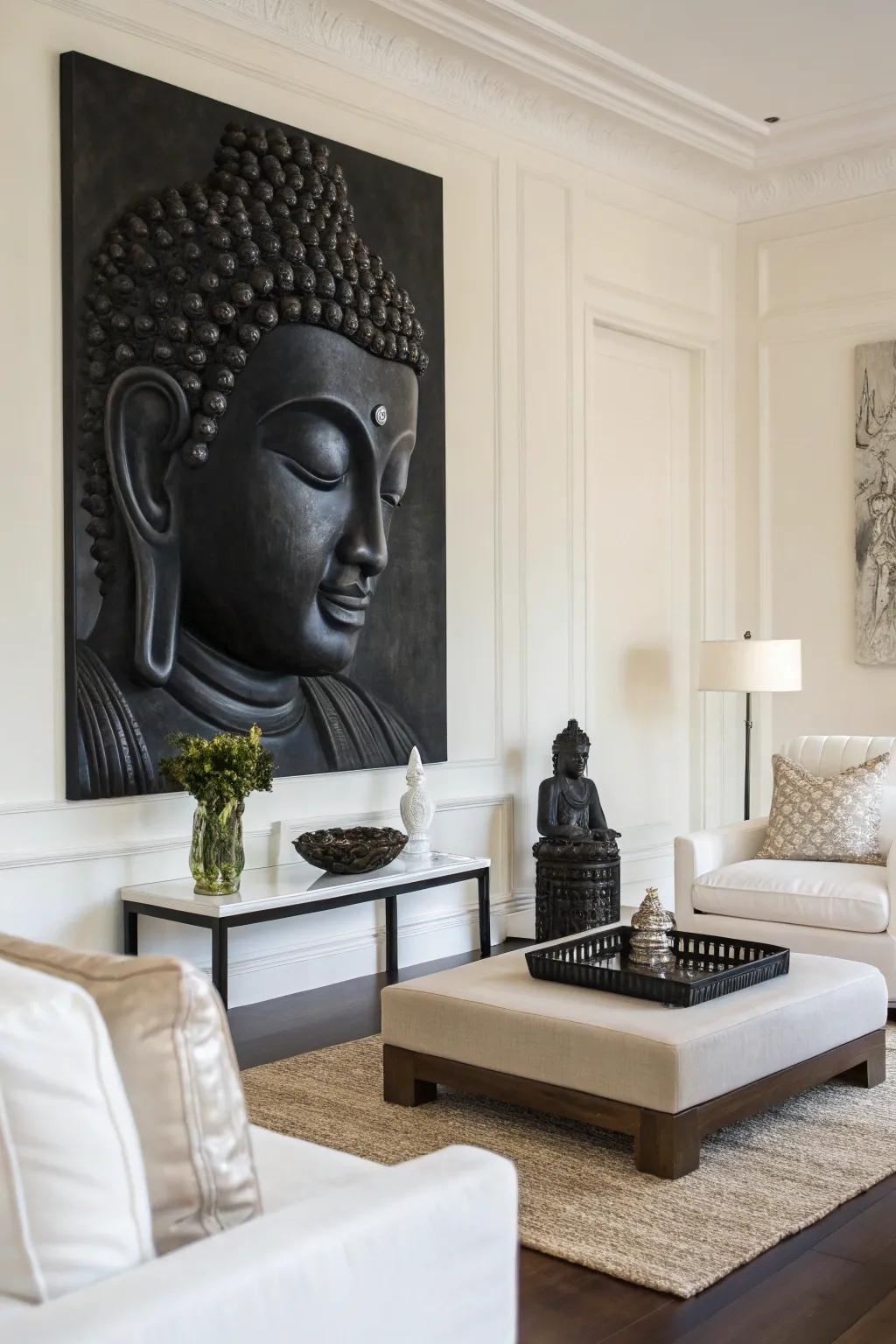 The black Buddha painting adds a touch of elegance to this minimalist living room.