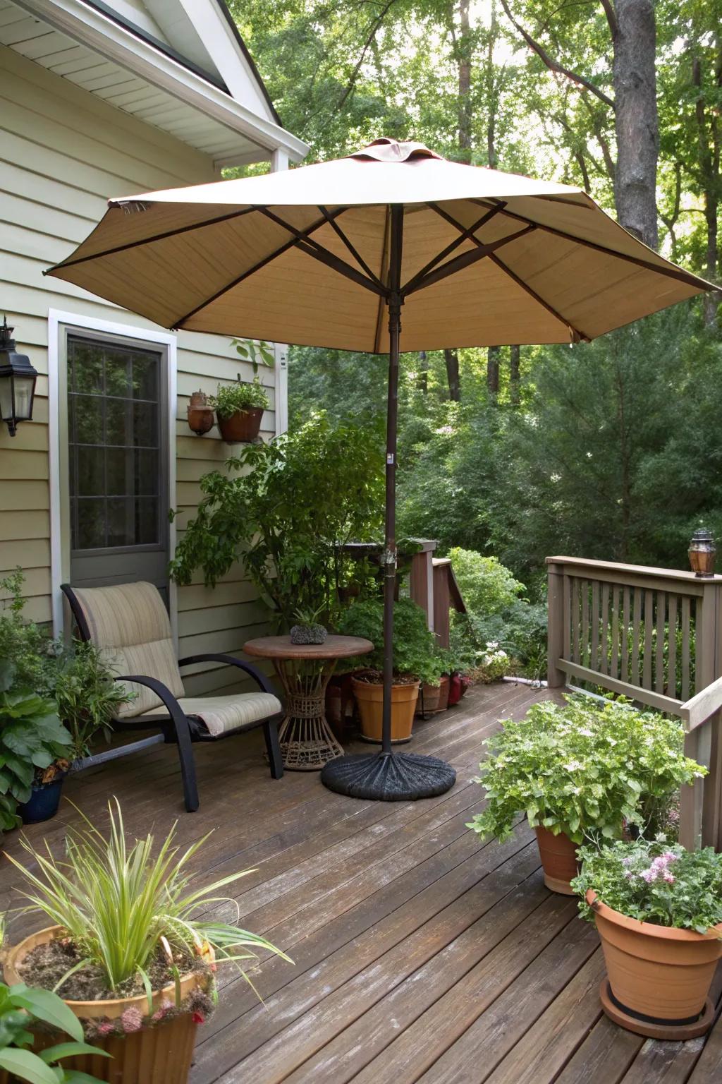 Umbrellas and plants: a simple, effective shade solution.