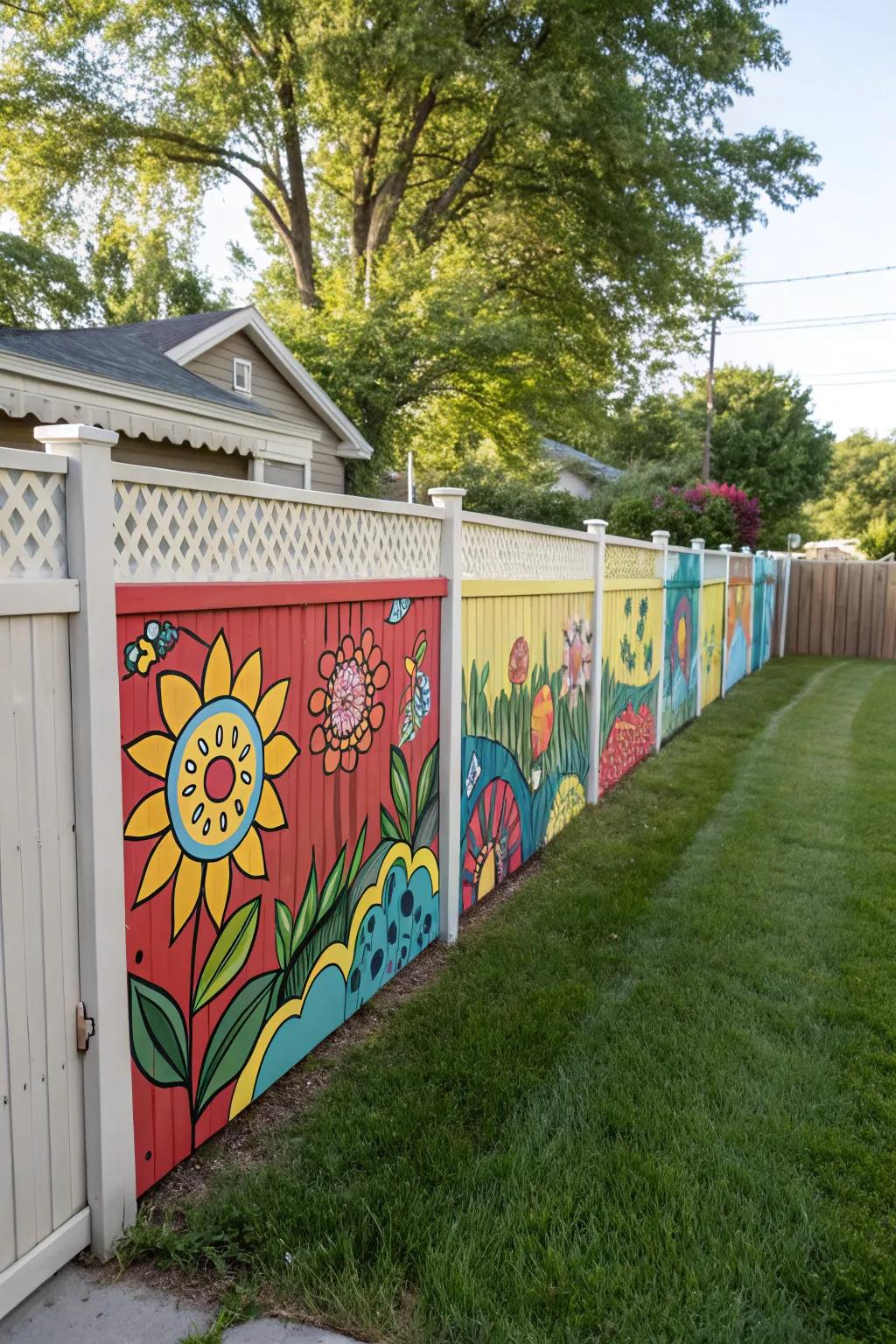 A colorful mural adds personality and visual interest to a small backyard space.