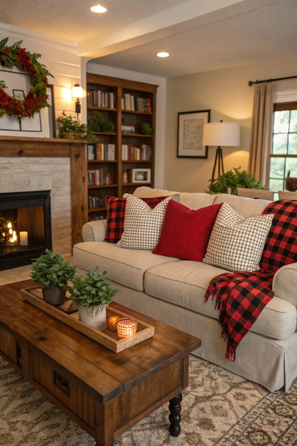 Buffalo plaid throw pillows add a touch of style to a simple sofa.