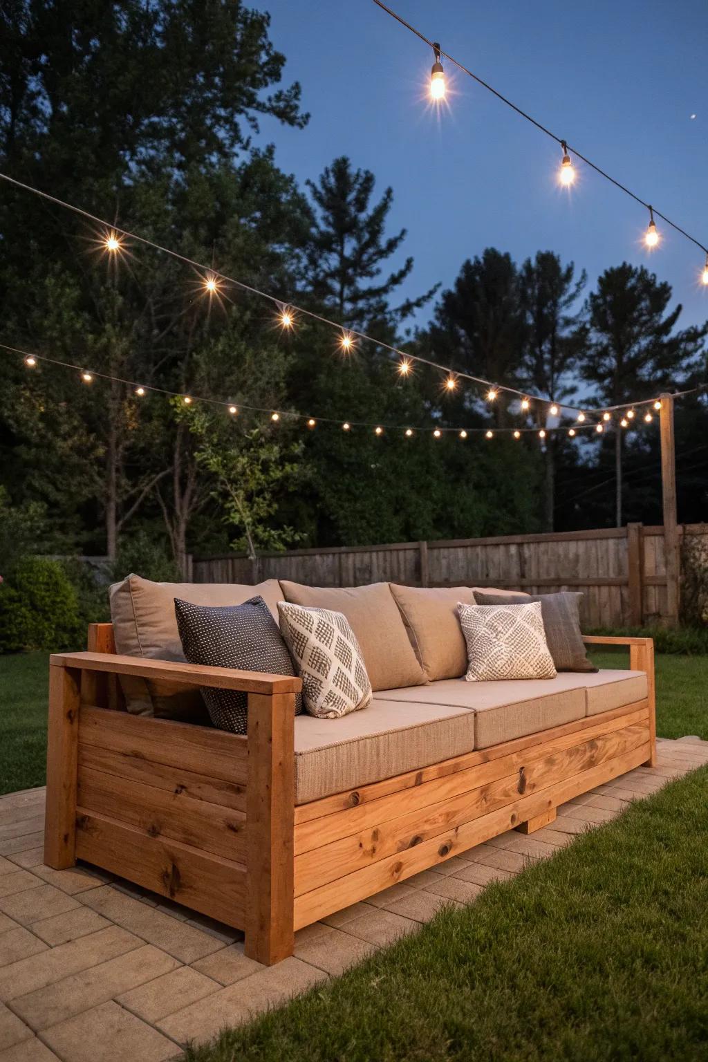 Unwind in style with this handcrafted cedar outdoor sofa, your perfect companion for starry nights and heartfelt conversations.