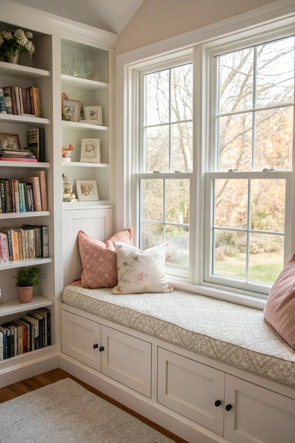 A reading nook surrounded by built-in shelves offers both comfort and style.