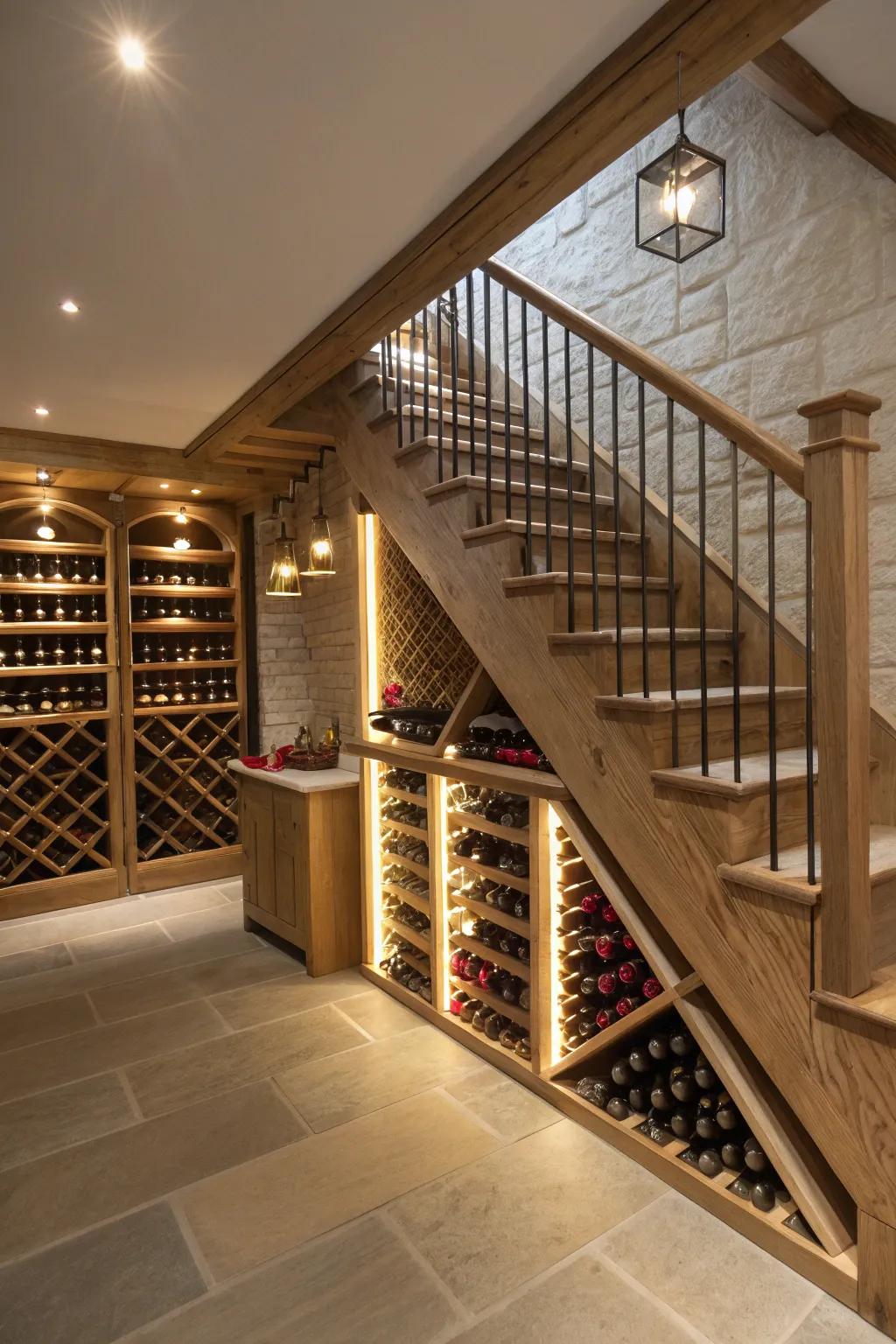 Smart use of under-stair space with stylish wine storage.