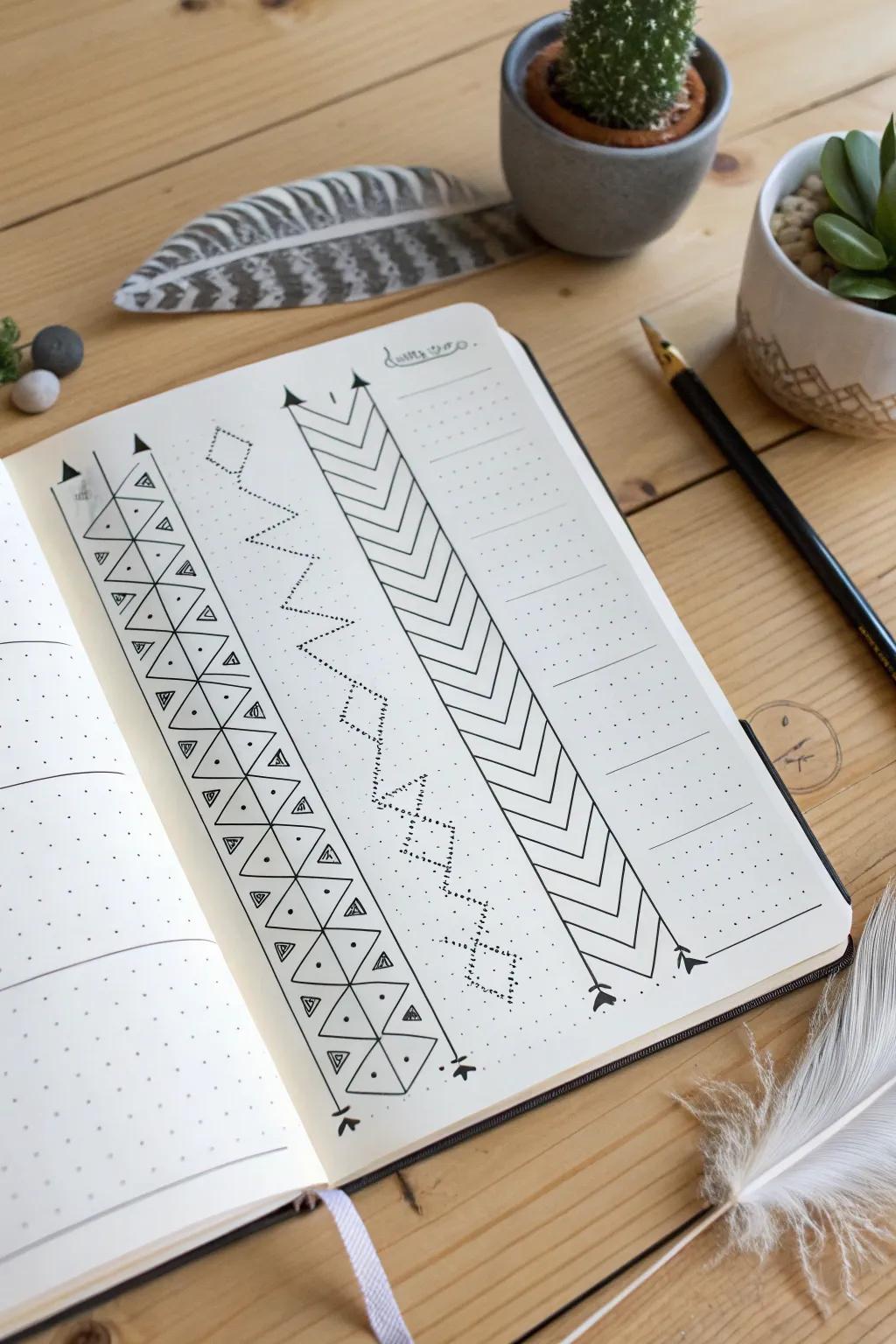 Elevate your journal with geometric gems: playful arrows and zigzags for a modern touch.