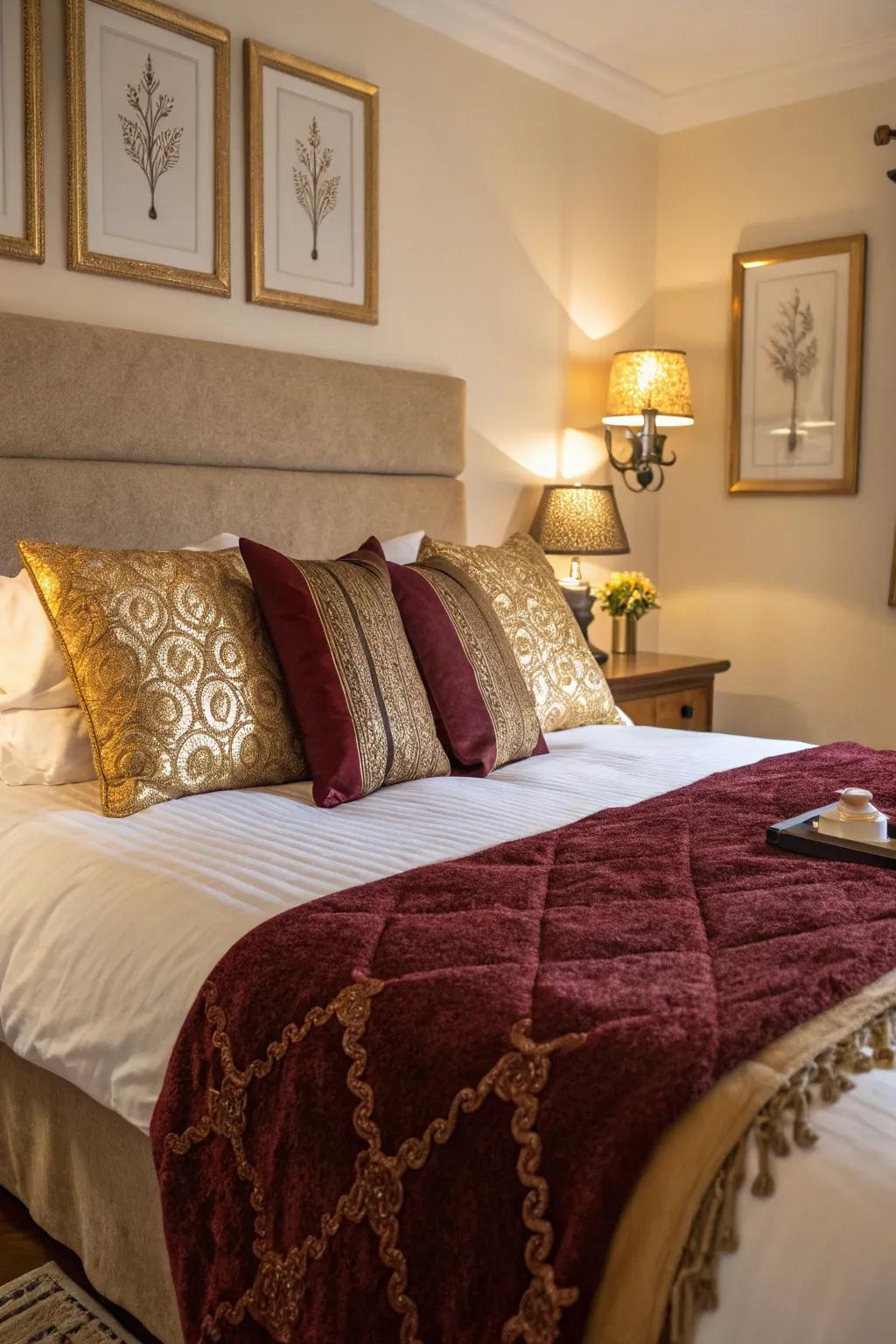 Gold pillows and a burgundy throw enhance the bed's appeal.