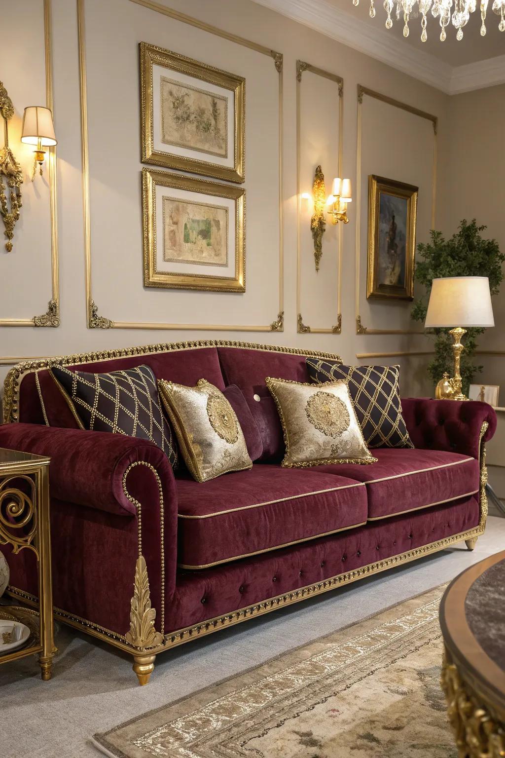 A velvet burgundy sofa adds a touch of luxury to this inviting space.