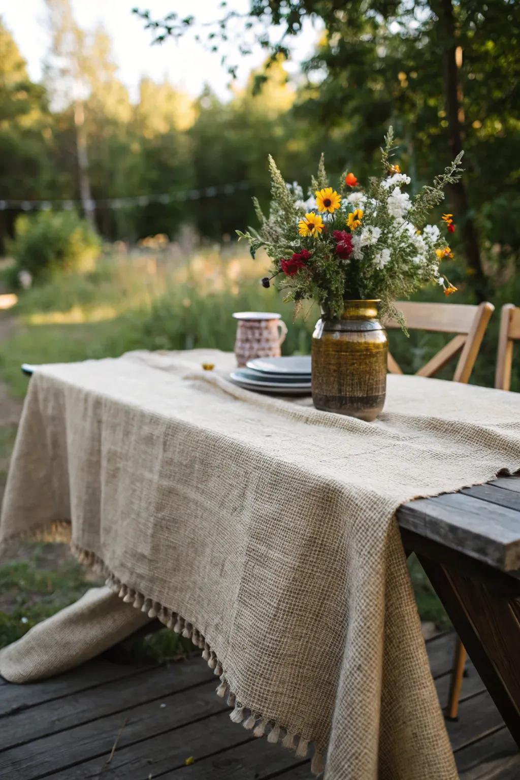 Elevate your garden party with the rustic charm of a burlap tablecloth and vibrant wildflowers.