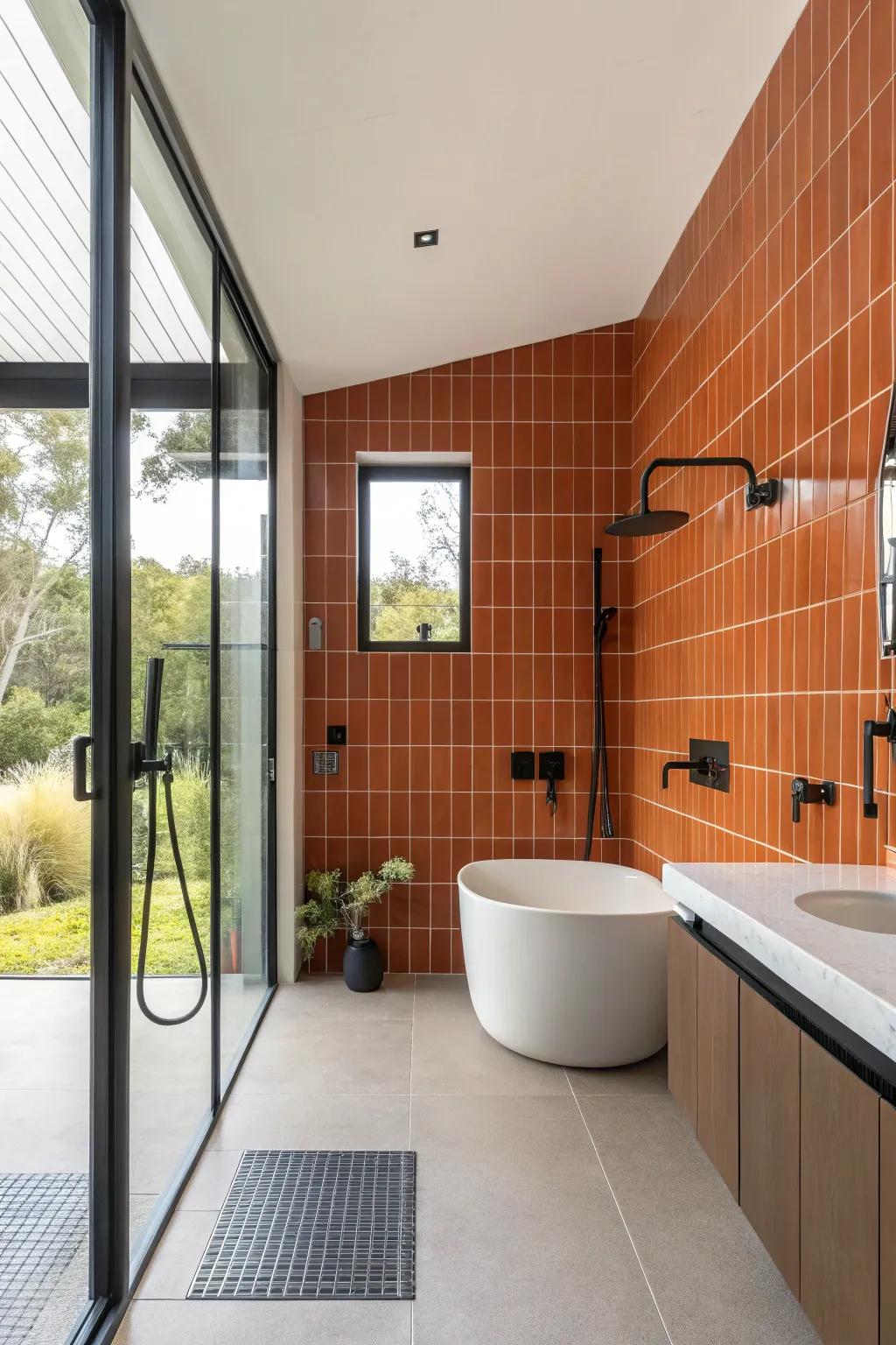 Burnt orange tiles add a vibrant accent to a minimalist bathroom.