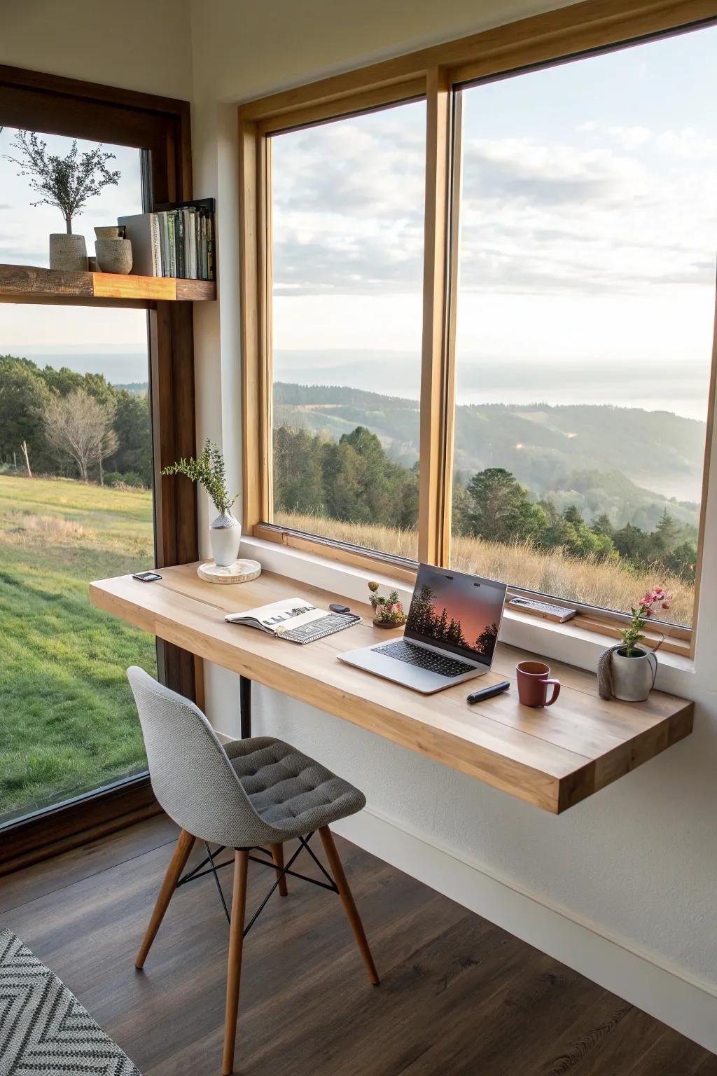 A floating butcher block desk with a breathtaking view.