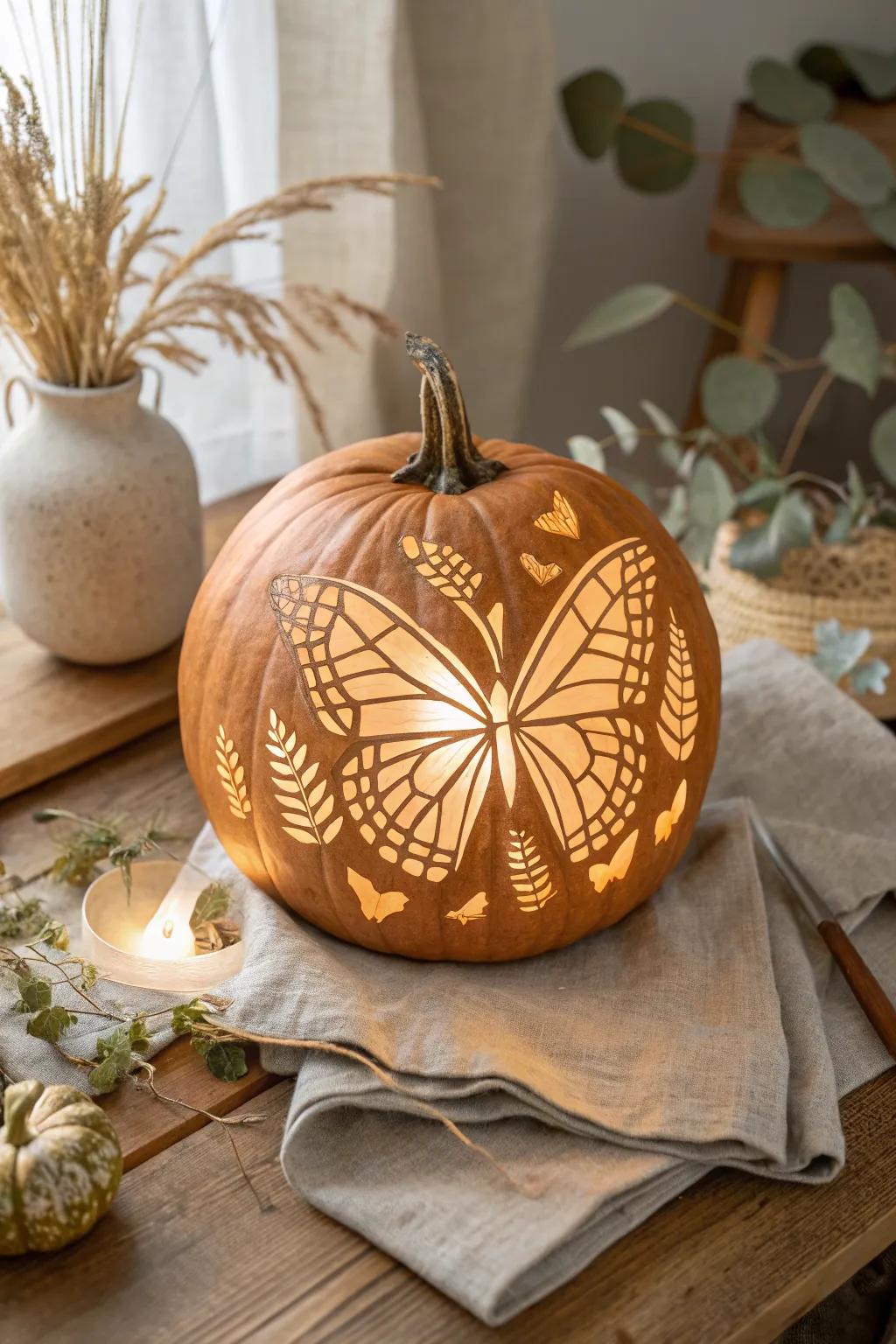 Transform your fall decor with the elegance of an intricately carved monarch butterfly pumpkin. 🍂🦋 #ScandiBoho #PumpkinArt