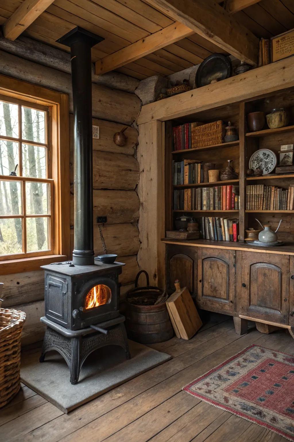 A charming wood stove that adds warmth and nostalgia.