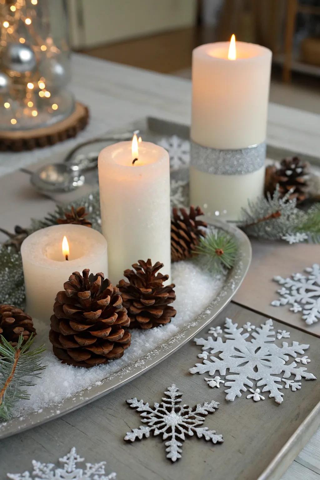 Embrace the magic of winter with a wonderland-inspired candle arrangement.