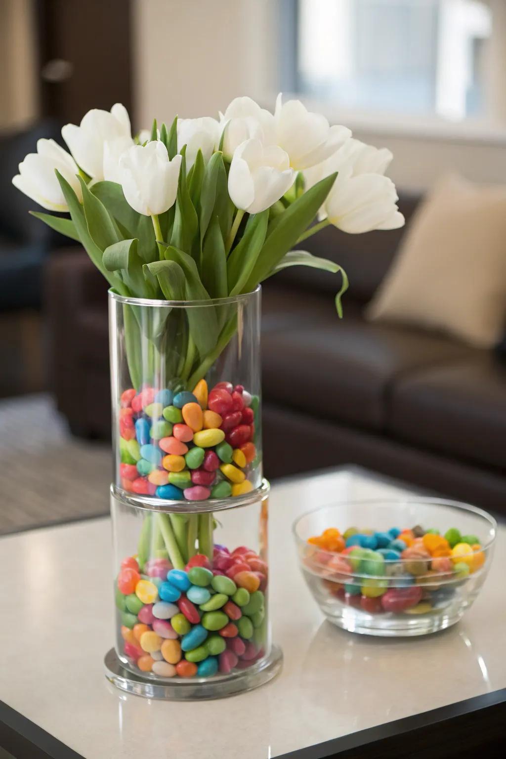 A layered candy vase offers a unique twist on traditional floral arrangements.