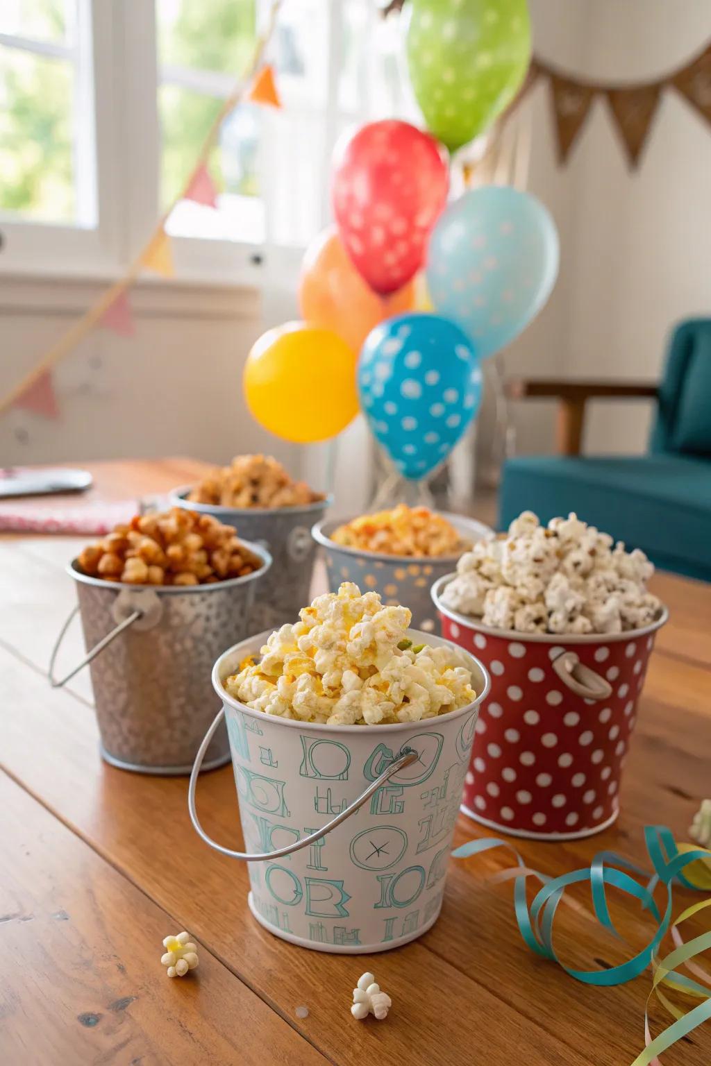 Mini buckets filled with delicious flavored popcorn.