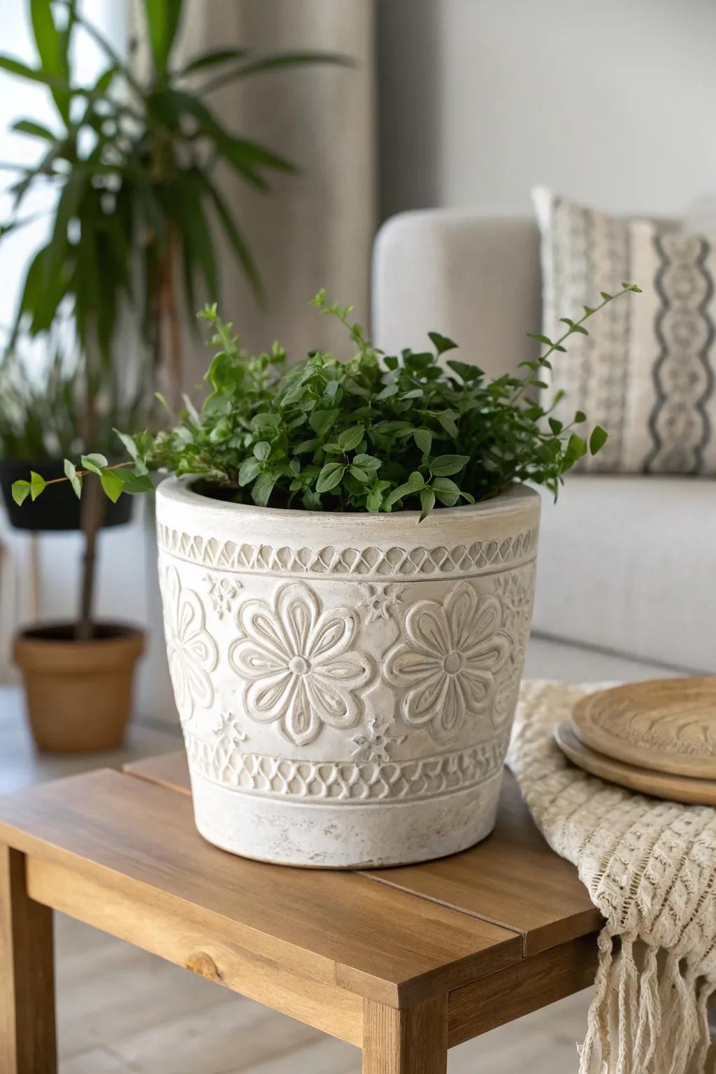 Embrace natural beauty with intricately carved floral ceramics.