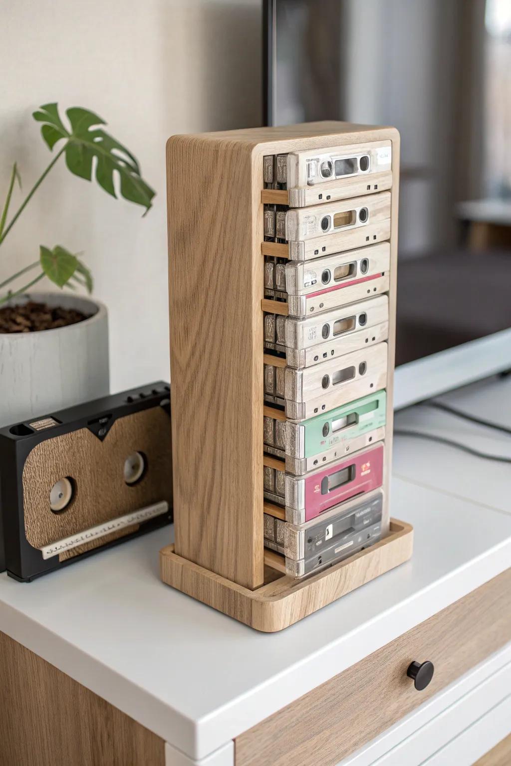 Embrace the retro charm with a chic, minimalist rotating tower for your cassette collection!