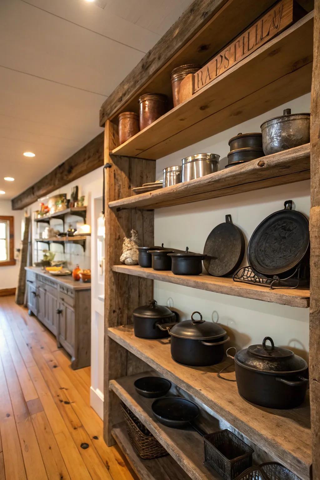 Barnwood shelves elegantly displaying cast iron cookware.