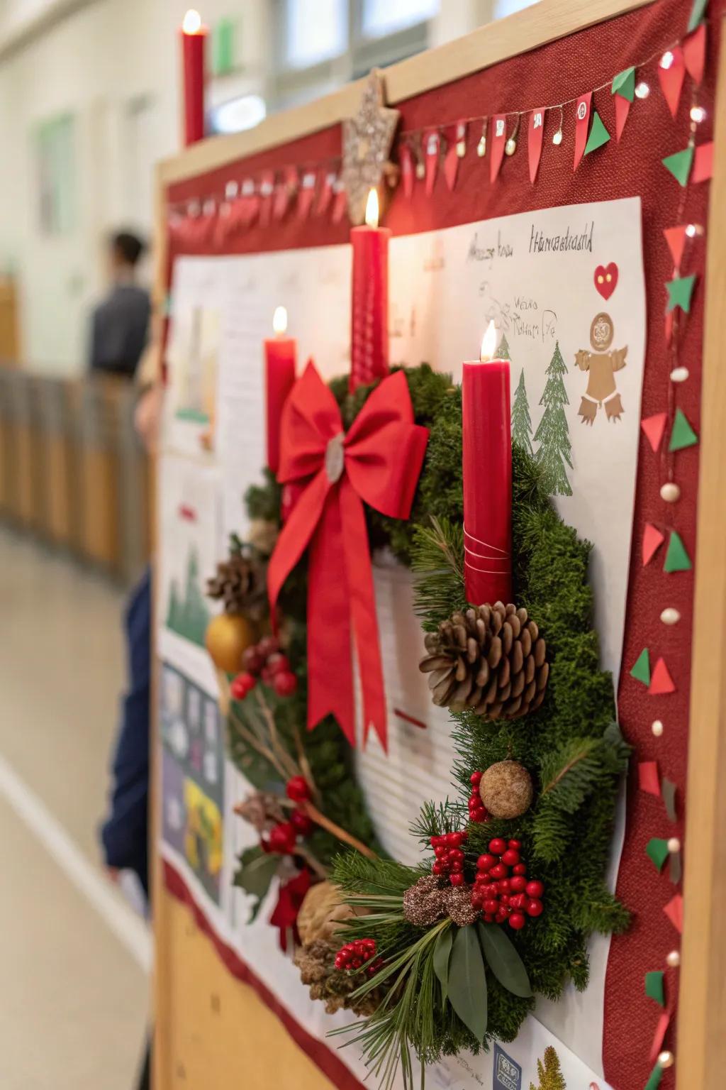 An Advent Wreath bulletin board inviting students to reflect on the season.