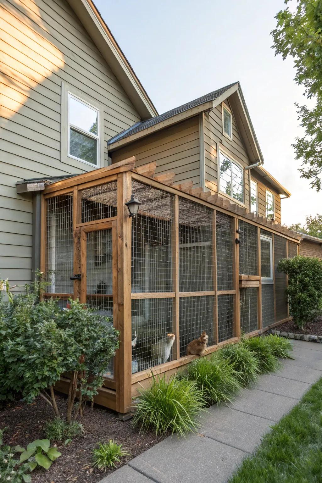 A catio attached to a house with matching architectural style and color.