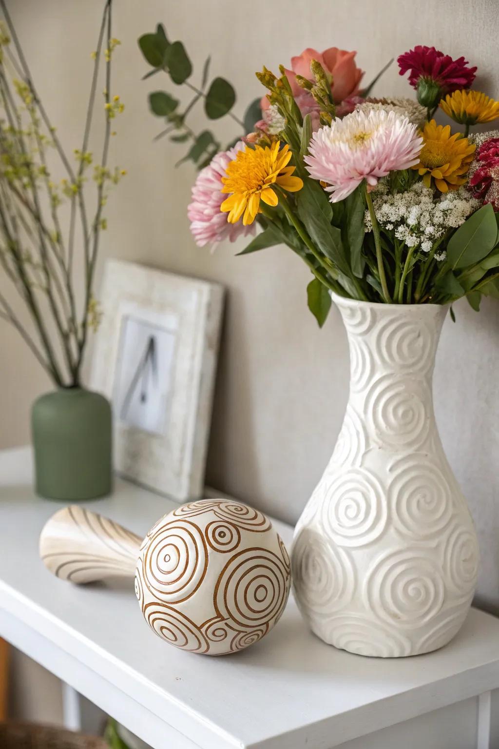 Abstract designs bring a modern twist to traditional ceramic rattles.