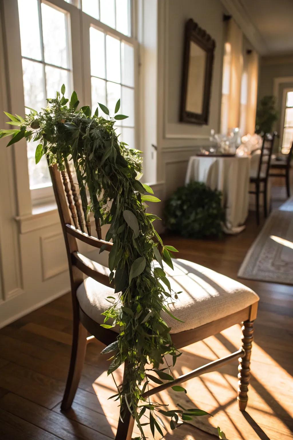 A greenery garland adds a natural charm to this chair.