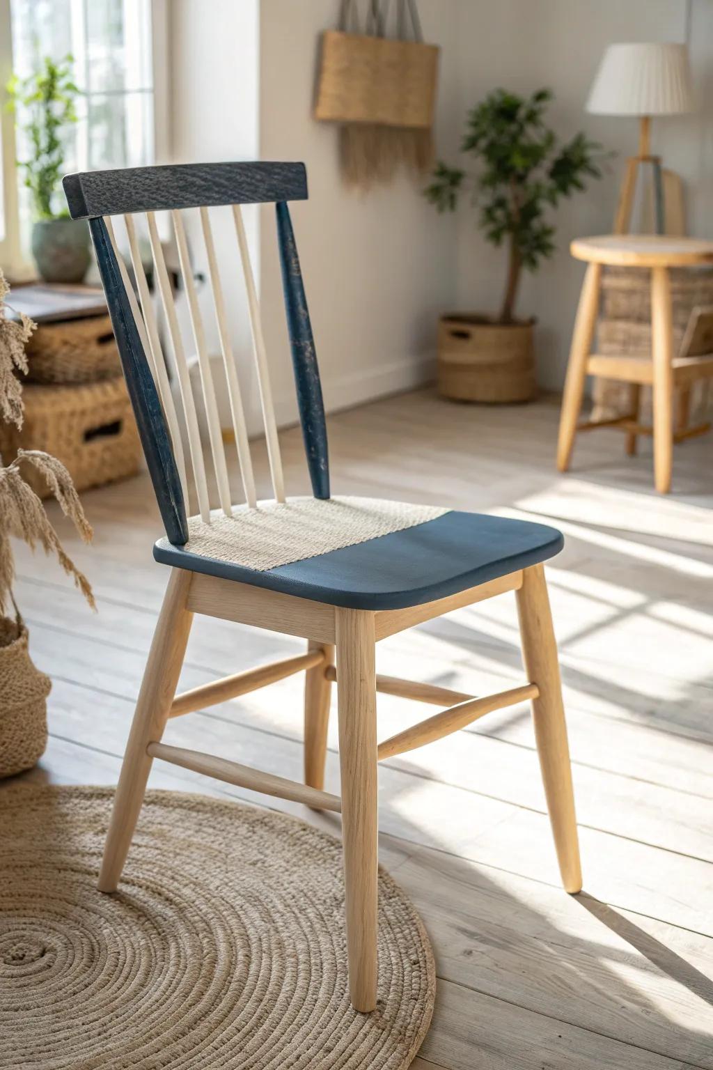 Elevate your space with this stunning navy and cream two-tone chalk paint chair, a perfect blend of minimalist and boho charm.