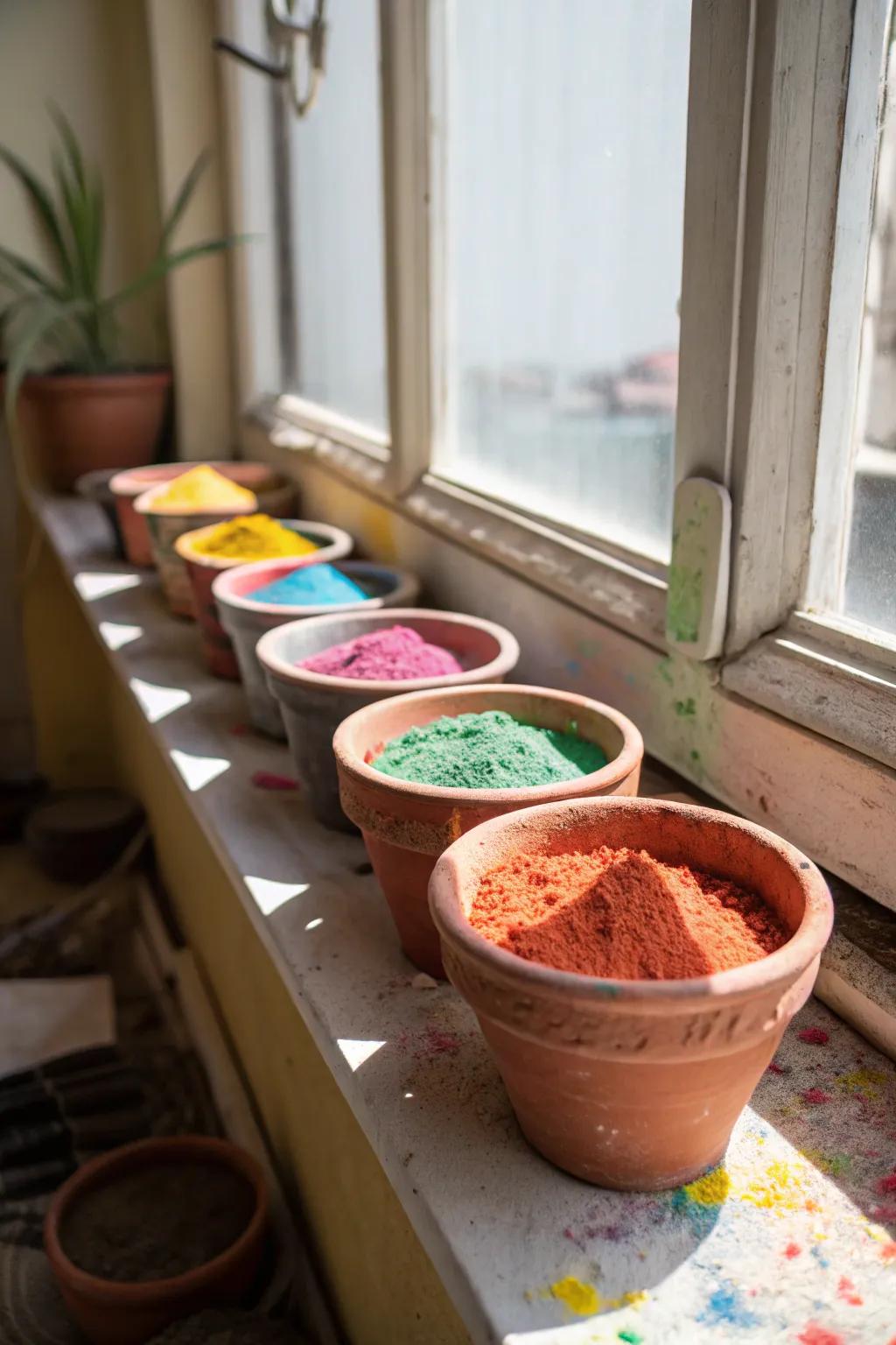 Transform your terracotta pots with colorful chalk powder for a rustic charm.