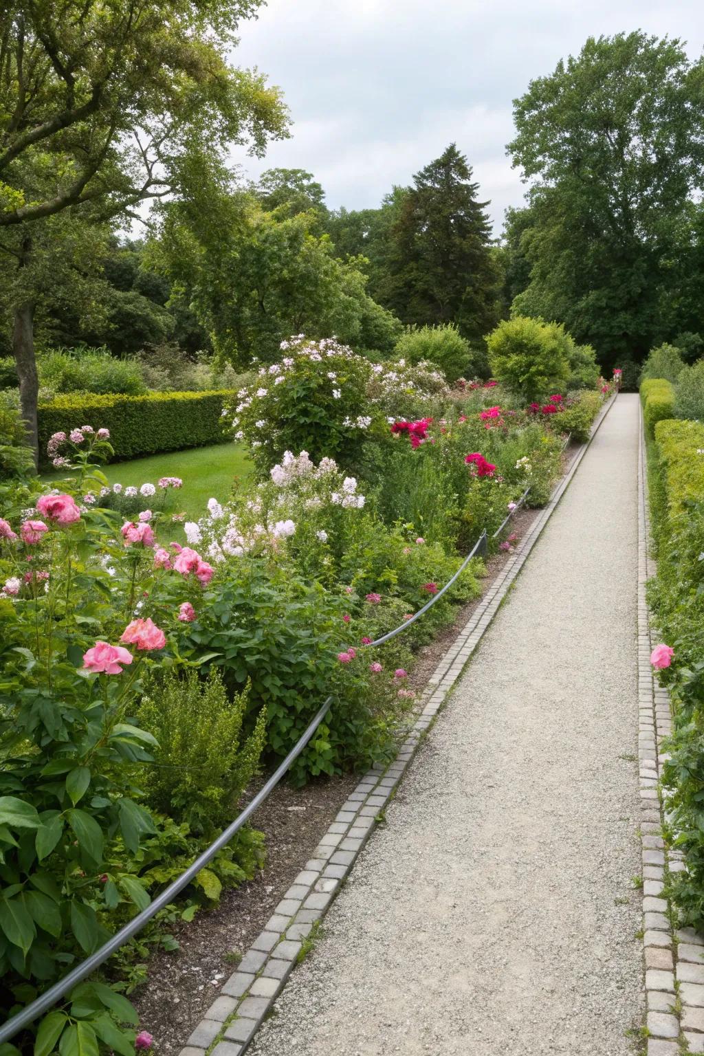 A pea gravel pathway edged with metal keeps the design tidy.