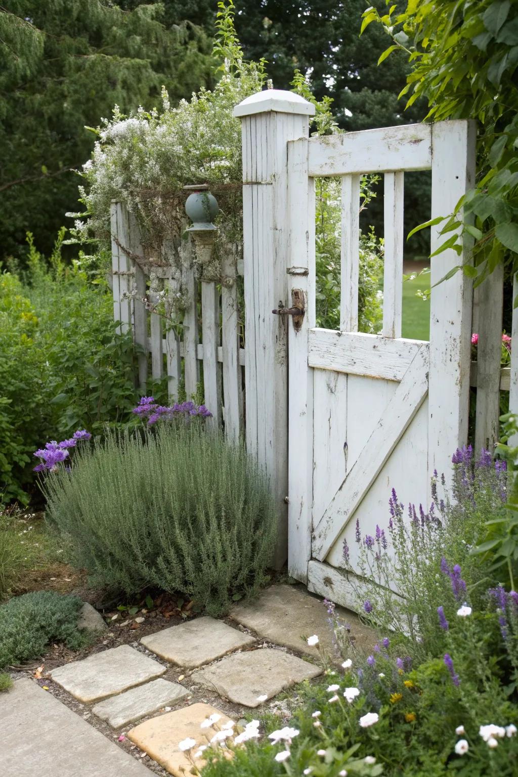 A garden gate crafted from a reclaimed door, painted white, marking the entrance to a herb garden.