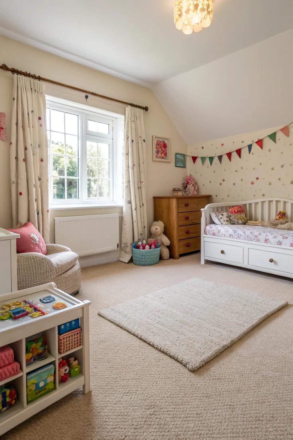 A safe and tidy children's bedroom with a low pile carpet, perfect for active play.