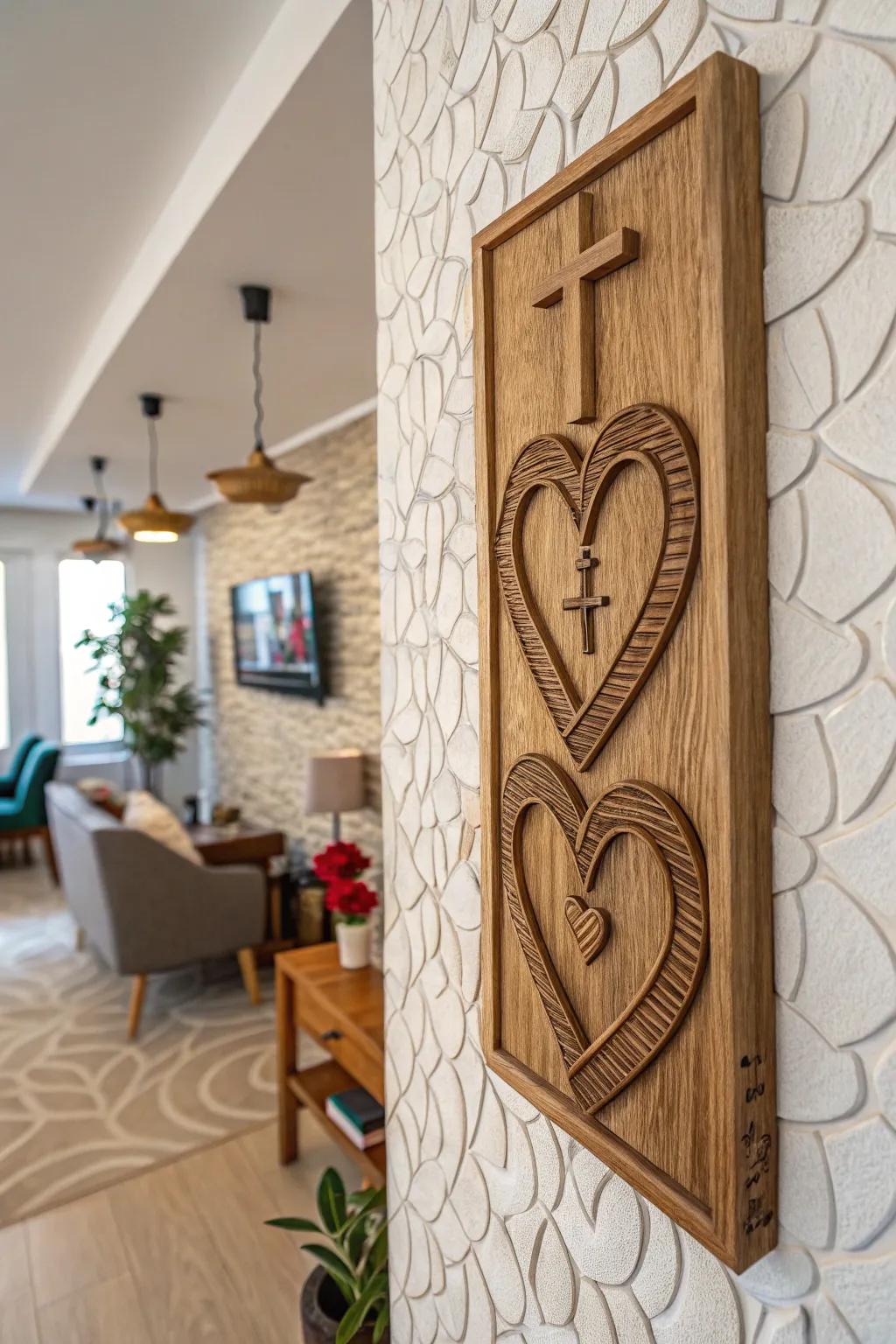 A wooden plaque with entwined hearts and a cross.