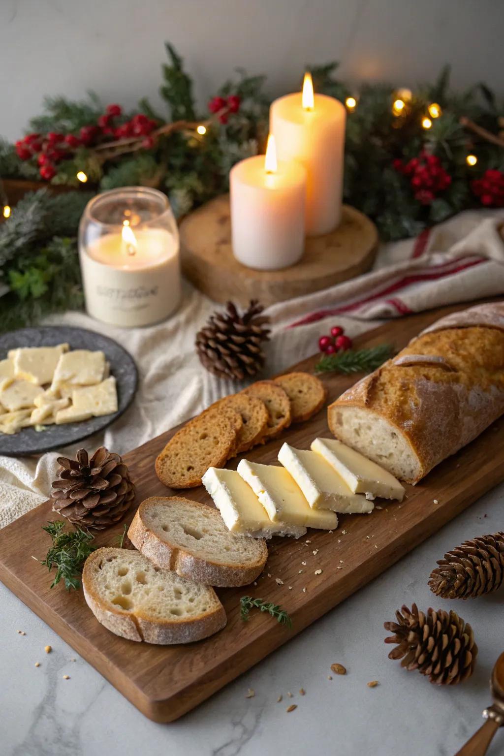 Rustic charm with a bread and cheese display perfect for Christmas gatherings.