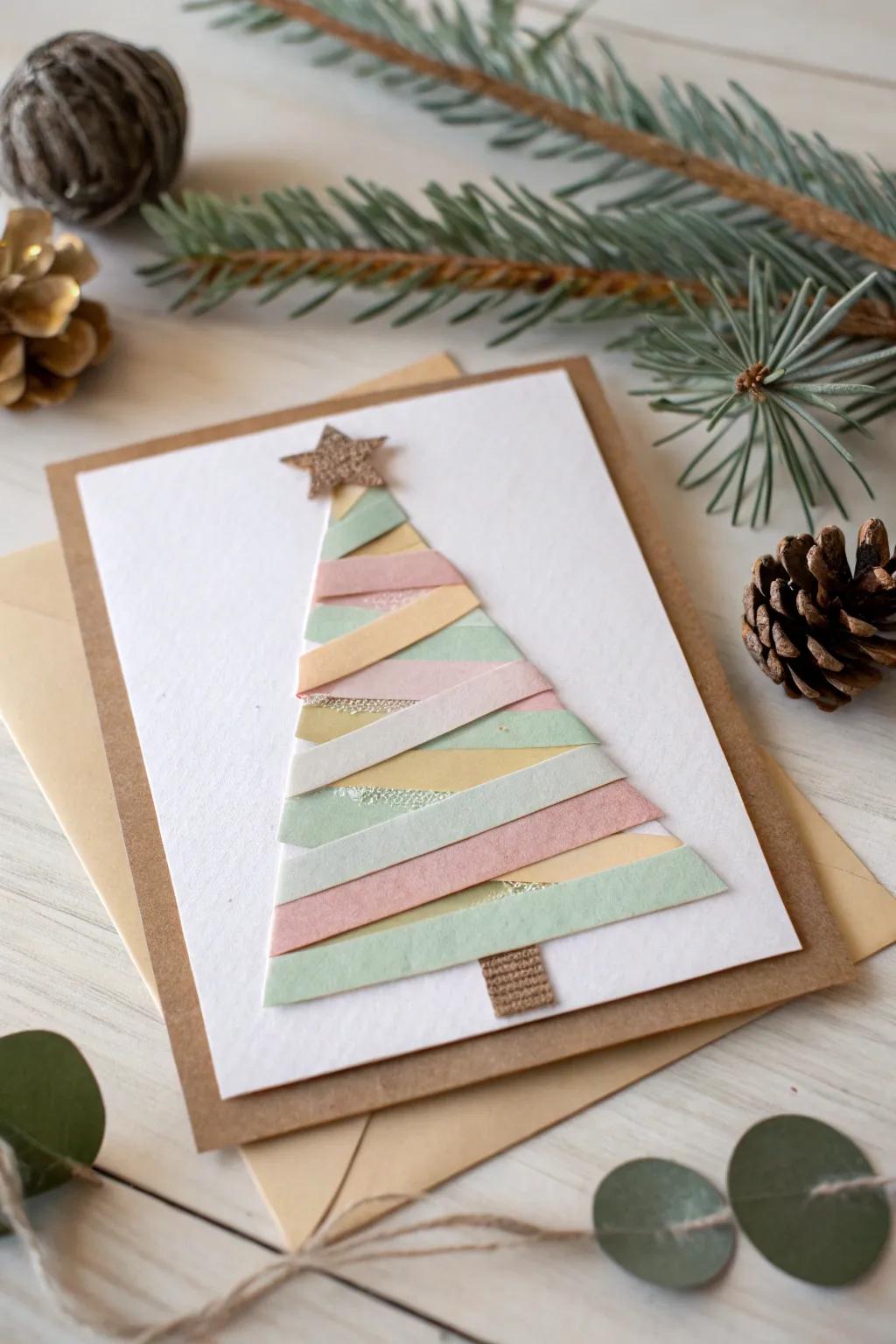 Craft a charming holiday card with kids using colorful paper strips for a simple yet delightful Christmas tree design.