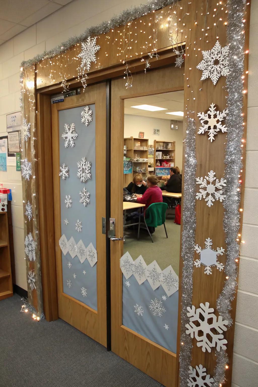 A glittering winter wonderland classroom door.