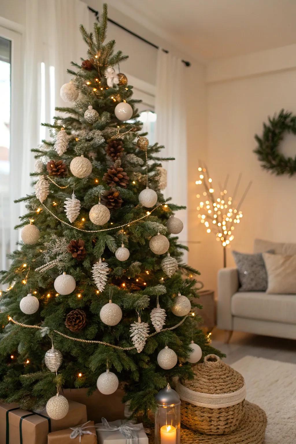 A neutral Christmas tree with creamy whites and pinecones offers understated elegance.