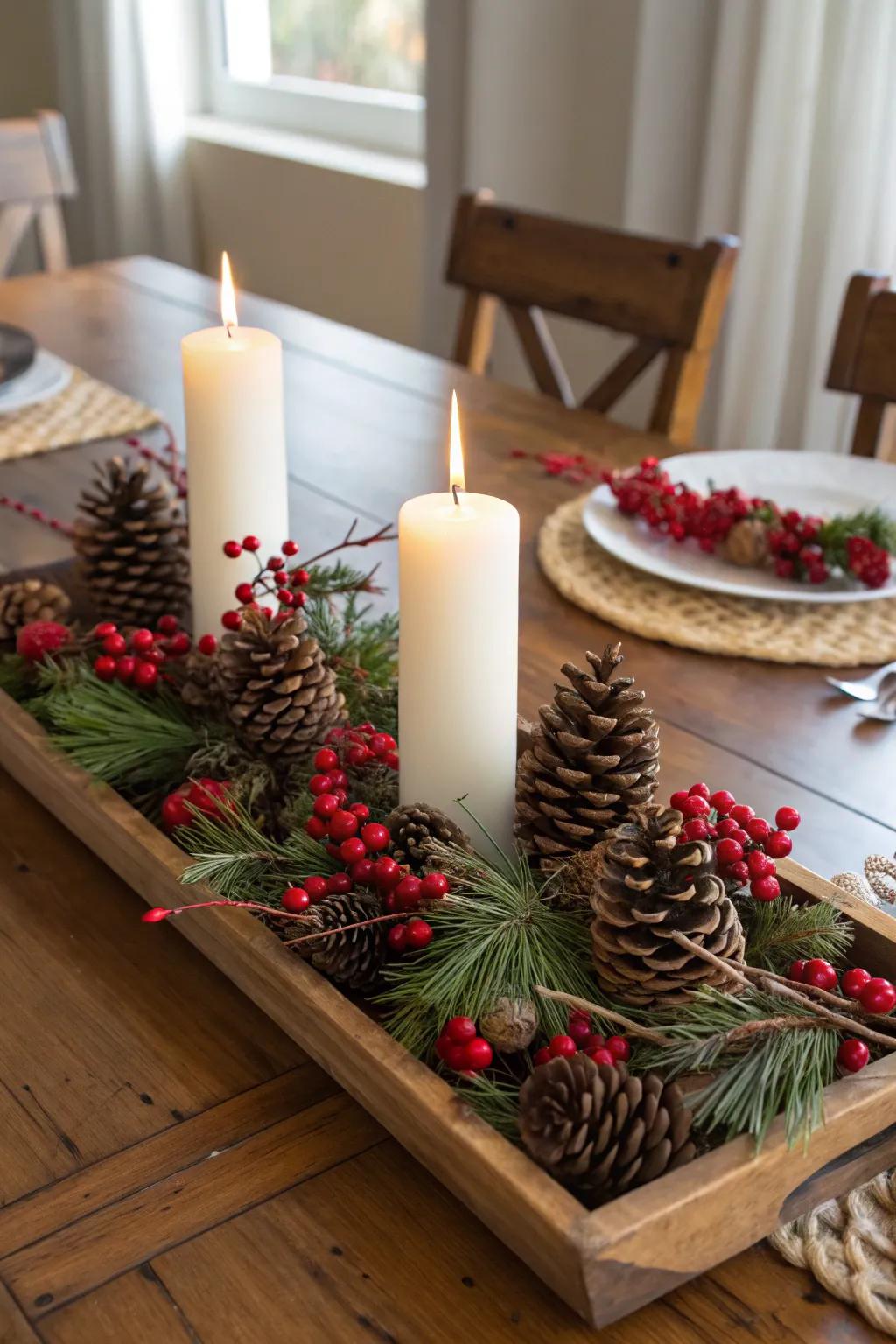 Create a festive centerpiece with natural elements like pine cones and berries.