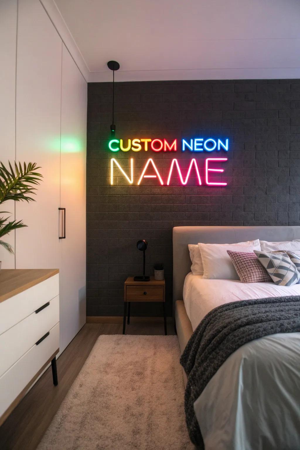 A custom neon sign brightens up any bedroom with a personal touch.