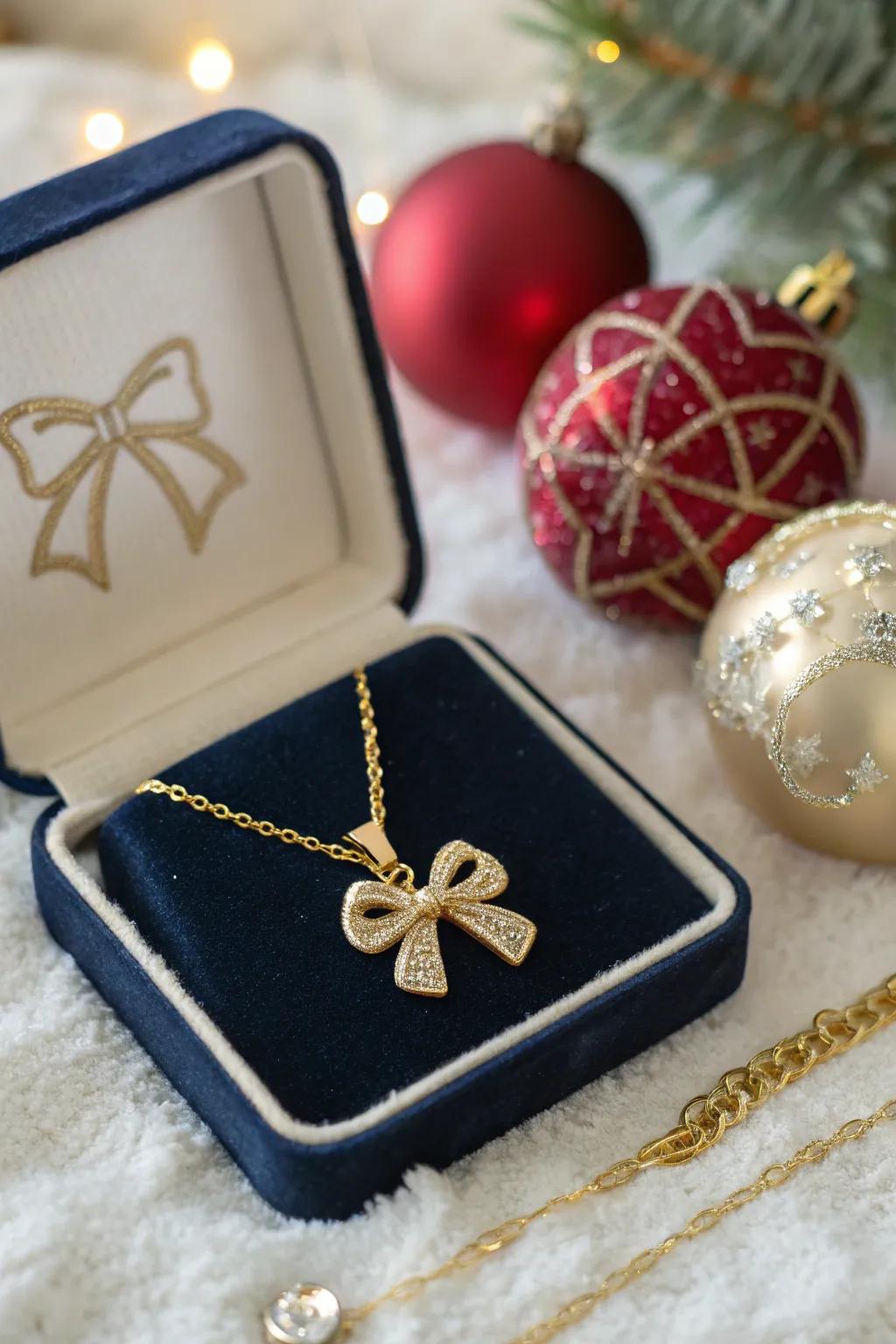 Add a touch of elegance with a festive gold bow necklace.