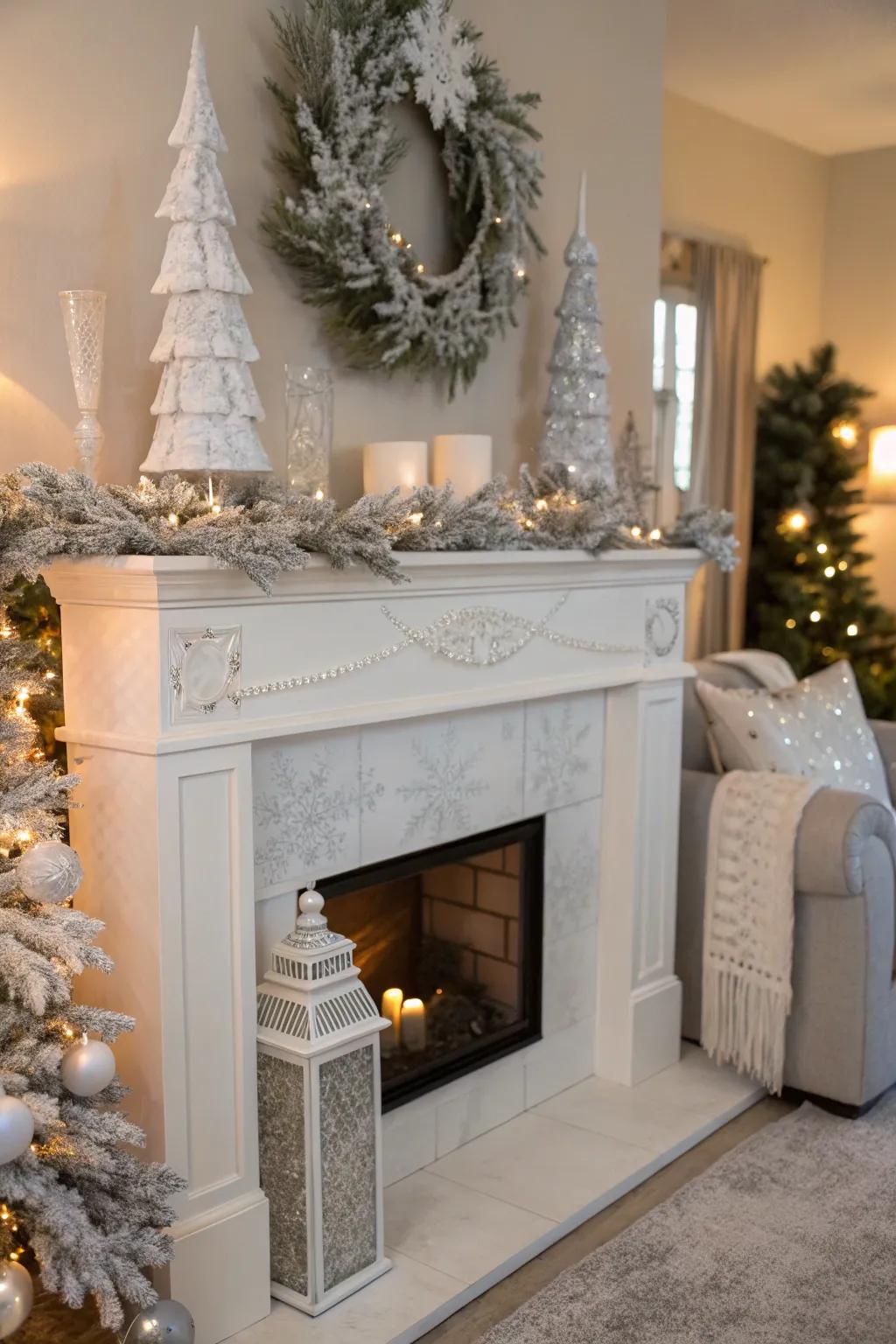 A serene winter wonderland mantel in white and silver.