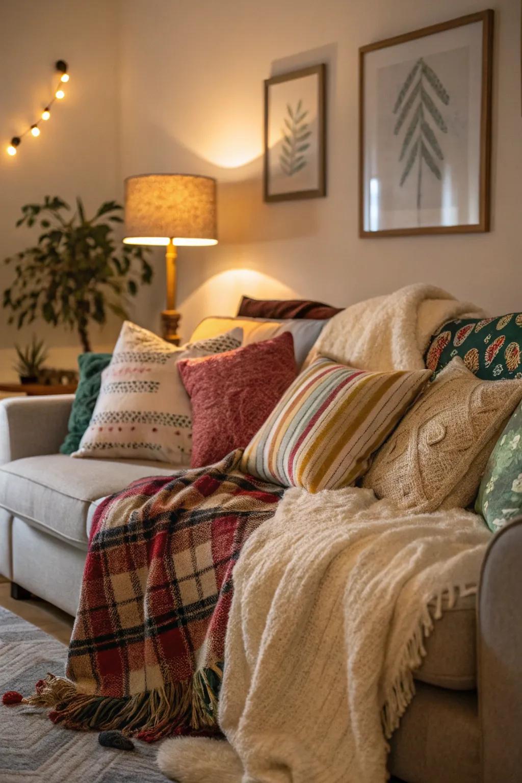 Cozy blankets and pillows make the movie night extra comfortable.