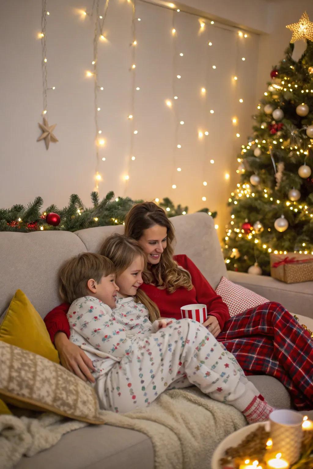 A family cozily snuggled up on the couch, sharing laughter and hot cocoa.