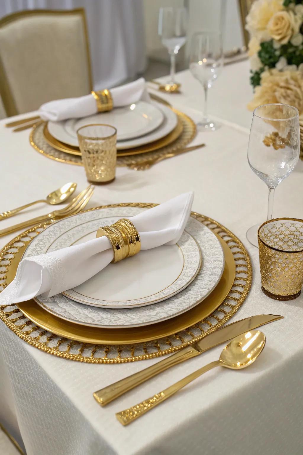 An elegant dining setup with gold accents for a luxurious feel.