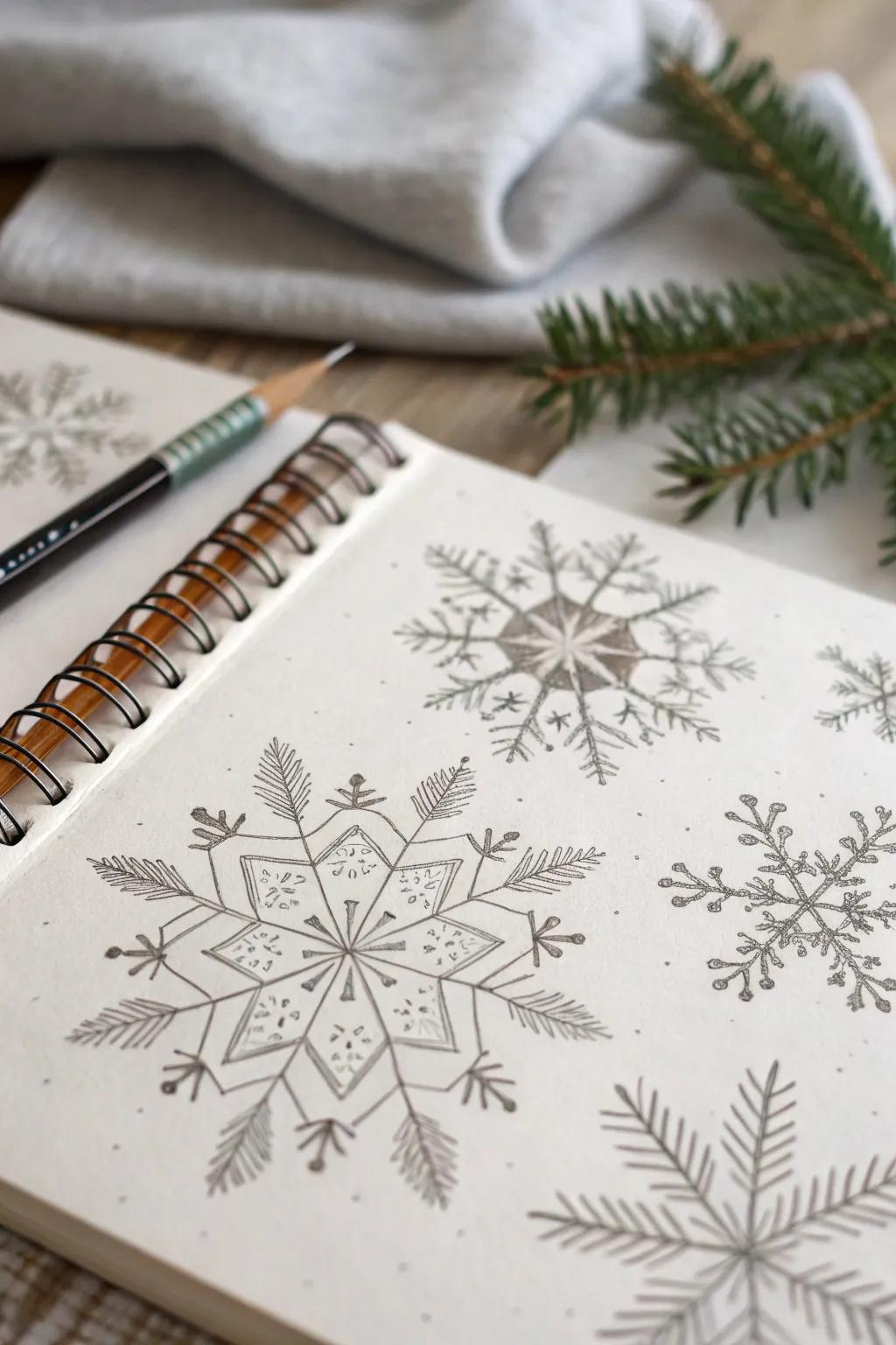 Intricate snowflake sketches capturing the beauty of winter.