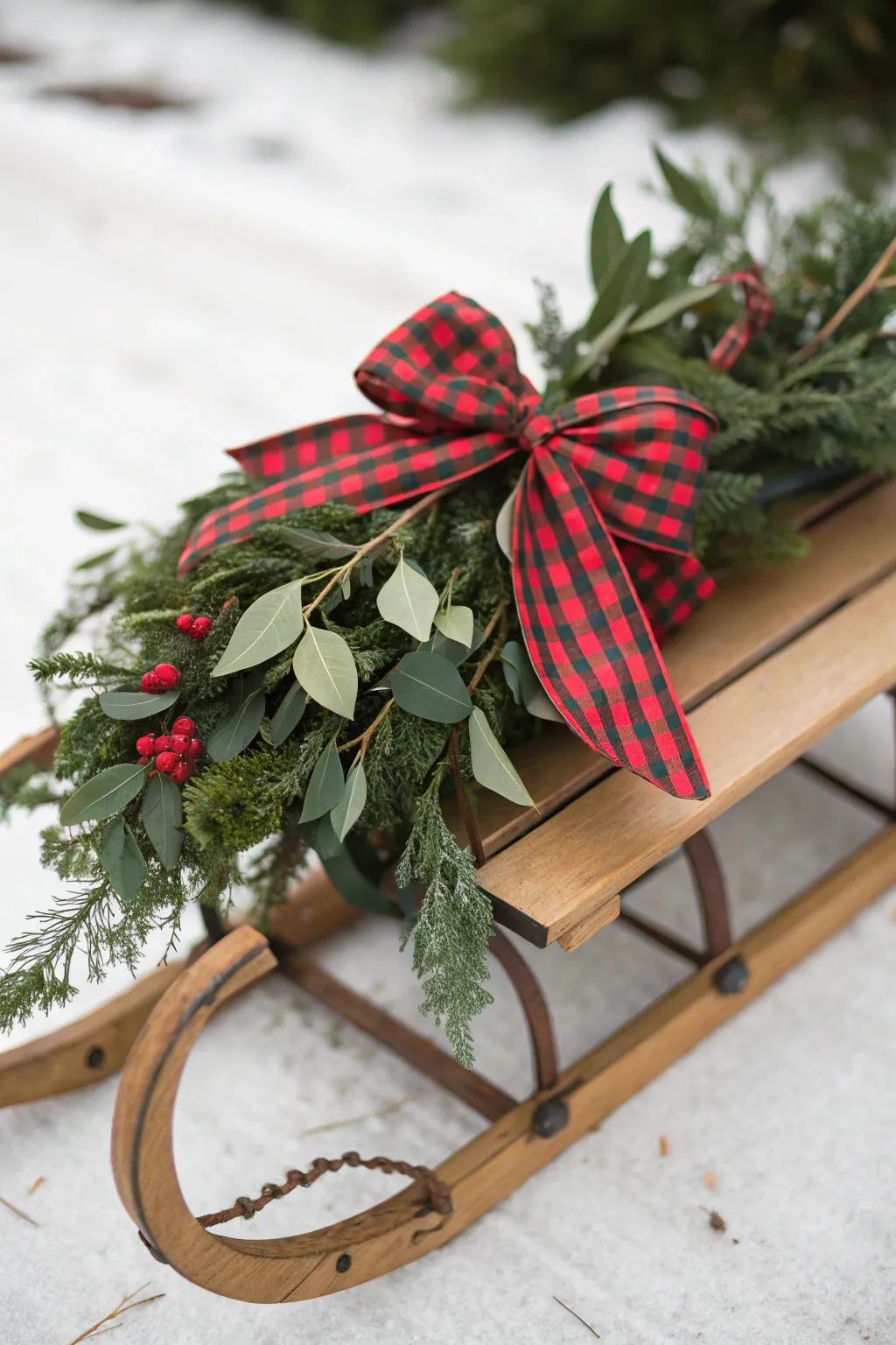 A festive plaid bow adds charm to any sled.