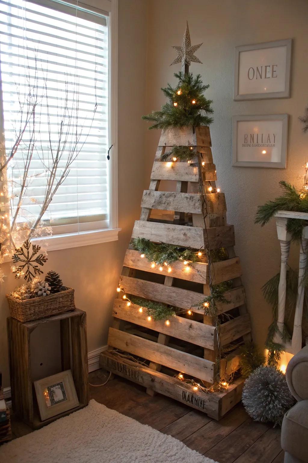 A rustic Christmas tree crafted from wood pallets adds a touch of countryside charm.